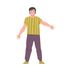 Young Man Dressed Casual Clothes Standing with Wide Open Hands, Welcome Gesture, Solidarity, Friendship, Help and Support Concept Cartoon Style Vector Illustration
