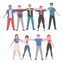 Fototapeta na wymiar Happy People Standing Together Hugging Each Other, Friendship, Solidarity, Help and Support Cartoon Style Vector Illustration