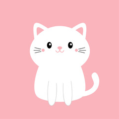 White cat kitten kitty icon. Kawaii cute cartoon character. Funny happy face. Baby greeting card tshirt notebook cover template. Happy Valentines Day. Flat design. Pink background. Isolated.