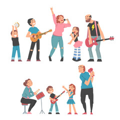 Obraz premium Grandparents Playing Musical Instruments and Singing with their Grandchildren Set, Happy Grandpa and Grandma Spending Good Time with Grandkids Vector Illustration