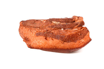 Pork fat.A piece of homemade boiled brisket with meat layers is isolated on a white background.