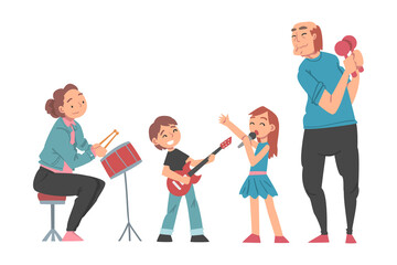 Obraz premium Grandparents and Grandchildren Playing Musical Instruments and Singing, Grandparents Spending Good Time with Grandchildren Cartoon Style Vector Illustration