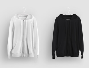 Mockup of a white, black hoodie with zipper closure, ties, pockets hanging on a plastic hanger, isolated on background.