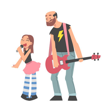 Grandpa Playing Guitar and His Granddaughter Singing, Grandparent Spending Good Time with Grandchild Cartoon Style Vector Illustration