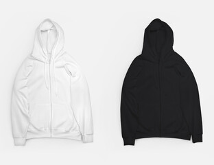 Set of white, black hoodie laid out, isolated on background, branded clothing with long sleeves, zipper closure, pockets. © olegphotor