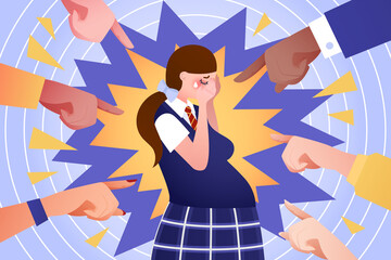 Social problem of teenage pregnancy - vector illustration. Pregnant teen girl cry, people point by fingers and shame her. Adolescent early pregnancy. Unwanted pregnancy schoolgirl or student