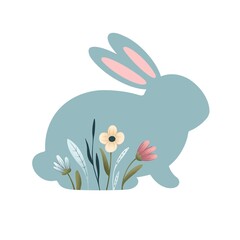 easter bunny. blue silhouette of a rabbit with spring flowers. festive color illustration. 
