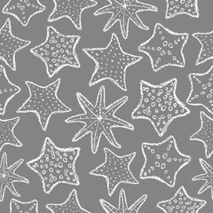 Obraz premium Chalk starfish background. Children drawing starfish hand drawn wax crayons art on grey. Crayon style ocean animal backdrop. Color pastel crayons freehand drawn marine background. Fabric starfish.
