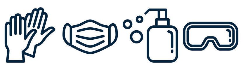 Personal protection equipment line, outline icons set - medical mask, latex gloves, antiseptic dispenser, protective glasses isolated on white background. Coronavirus, covid 19 prevention items.