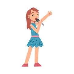 Cute Little Girl in Blue Dress Singing with Microphone Cartoon Style Vector Illustration