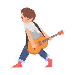 Cute Boy Playing Acoustic Guitar, Kid Learning to Play Musical Instrument Cartoon Style Vector Illustration