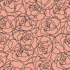 Seamless pink pattern with line art doodle flowers 