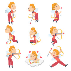 Cute Happy Cupid Boys with Wings Collection, Joyful Kids Angels Dressed Red Casual Clothes Flying with Bow Cartoon Style Vector Illustration