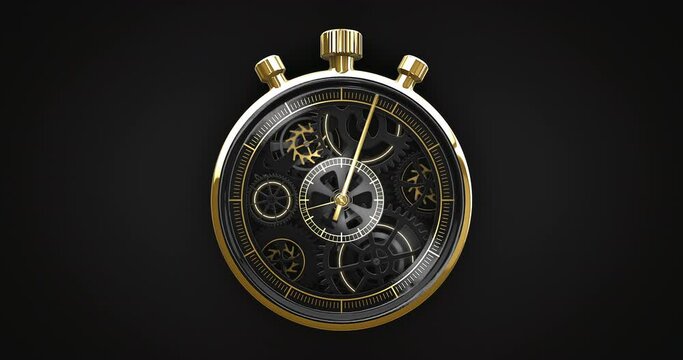 Handmade gold stopwatch in close-up zoom. And the second part as an endless loop of running stopwatch. Two parts in one 4k video.