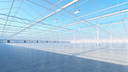 Big industrial greenhouse interior. Hydroponic indoor vegetable plant factory. Green salad farm. Concrete floor. 3D render