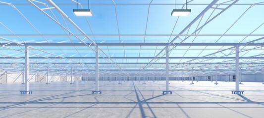 Big industrial greenhouse interior. Hydroponic indoor vegetable plant factory. Green salad farm. Concrete floor. 3D render