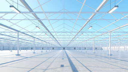 Big industrial greenhouse interior. Hydroponic indoor vegetable plant factory. Green salad farm. Concrete floor. 3D render