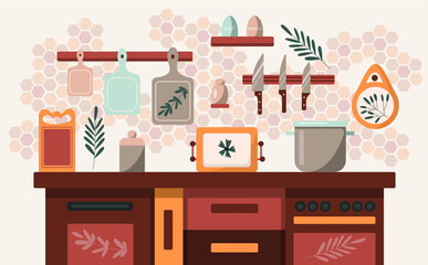 Kitchen interior - vector illustration. Boho style.