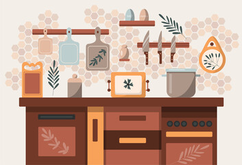 Kitchen interior illustration. Boho style.