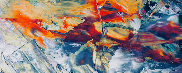 Bunter abstrakter Malereihintergrund. . Flüssige Tinte Farbtextur. Intensive Multicolor-Mischung aus lebendigen Ölfarben. Malen Sie Pinselstriche auf Leinwand für trendige Postertapeten © Valeriy