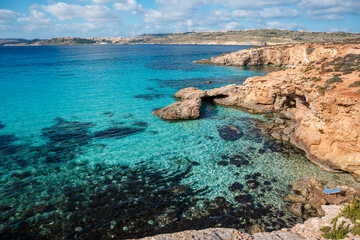 The Blue Lagoon in Comino Island. Idyllic turquoise beach in Malta.