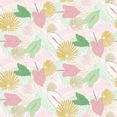 Vector - Abstract seamless pattern of contemporary green, pink leaves. Exotic, modern style. Pastel color. 