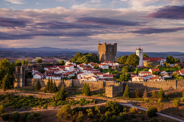Panoramic view, astonishing sunset in the medieval citadel (Cidadela) of Bragança,...