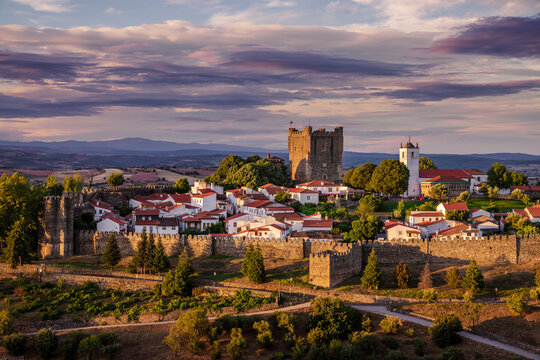 Panoramic view, astonishing sunset in the medieval citadel (Cidadela) of Bragan&ccedil;a, Tr&aacute;s-os-Montes, Portugal