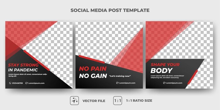 Set of Editable promotional banner design template. Gym and sport square banner with abstract red accents. Suitable for social media, flyers, banner, and web ads. Flat design vector with photo collage
