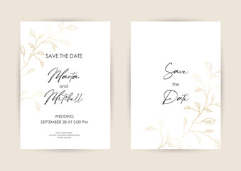Wedding Invitation with Gold Flowers and gold geometric line design. Cover design with an ornament of golden leaves. vector eps10
