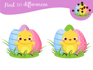 Find the differences educational children game. Easter theme Kids activity fun page with cute chickens and decorated eggs