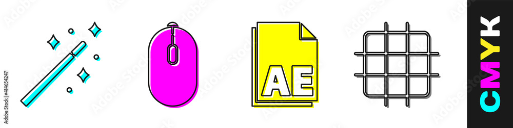 Poster Set Magic wand, Computer mouse, AE file document and Grid graph paper icon. Vector.