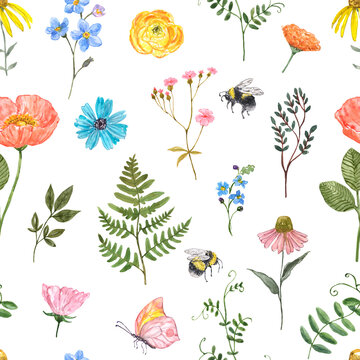 Colorful summer floral seamless pattern. Watercolor orange, blue, yellow, pink wild flowers, green leaves and branches on white background. Print in rustic country style. Hand drawn design texture.