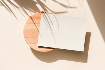 Card on beige background with palm leaves shadows. Minimal concept mock up background.