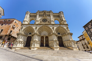 Cuenca, Spain. Cuenca cathedral main facade, first gothic-style cathedral in the Iberian peninsula  (together with Avila's one). It is located in the old town, UNESCO World Heritage. 