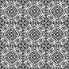 seamless tile drawn with folk style floral ornaments on a white background for coloring, vector