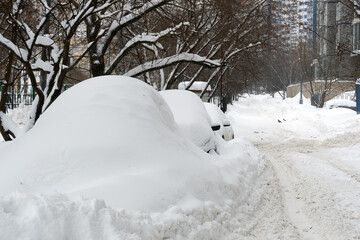 Cars covered with snow after a hard blizzard in winter