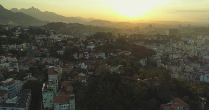 Warm sunset aerial of cental Rio de Janeiro Brazil in mountain setting