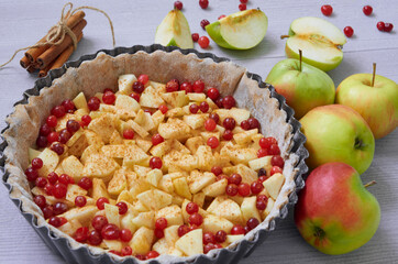 Apple pie in the baking dish decorated with fresh apples, cranberry, spices, cinnamon sticks on the gray kitchen background. Autumn tart with raw ingredients ready for cooking