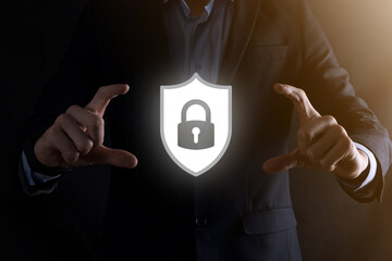 Cyber security network. Padlock icon and internet technology networking. Businessman protecting...