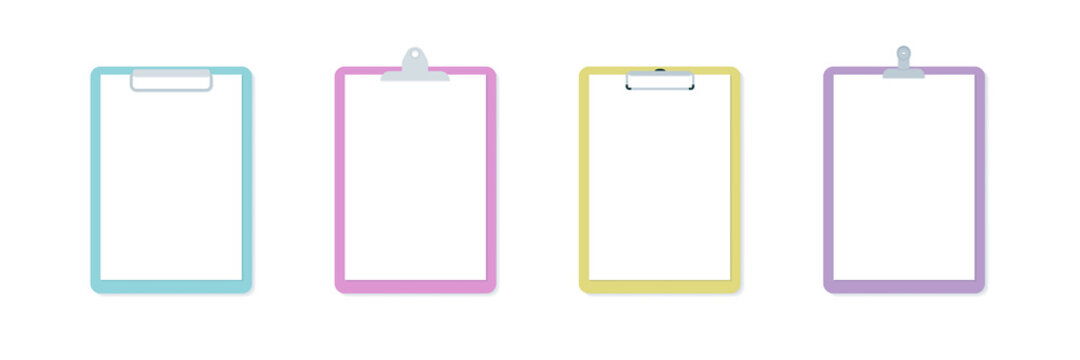 Clipboard icon set. Different paperclip. Empty white paper. Multicolor. Vector illustration, flat design