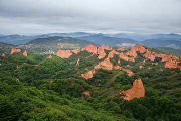 Fototapeta na wymiar Overcast day over mountain landscape. Las Medulas in Leon Spain, ancient Roman Empire gold mines.