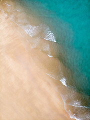 Fototapeta na wymiar Idyllic sandy beach. Clean turquoise water. From Above. 