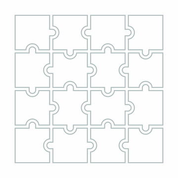 Sixteen blank puzzle pieces. Puzzle for web, information or presentation design, infographics. White puzzle on white background. Vector illustration
