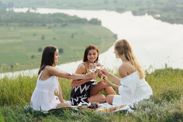 Happy young girlfriends making a toast with white wine. Enjoying picnic on the hill. 