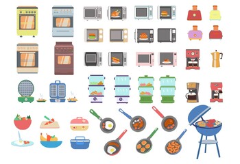 Kitchen equipment, tools and food set for home or restaurant Flat vector illustration