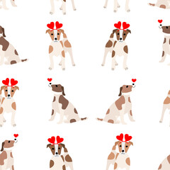 Cute dogs Jack Russell Terrier. Funny animals with hearts. Vector hand drawn seamless pattern. Perfect for baby, kids apparel, print design, textile.