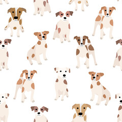 Cute dogs Jack Russell Terrier. Funny animals . Vector hand drawn seamless pattern. Perfect for baby, kids apparel, print design, textile. White background.
