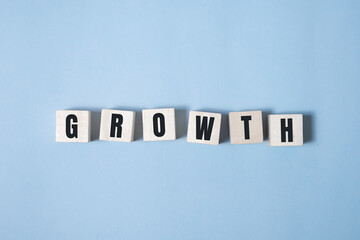 Symbol of growth. a wooden cube and changes words growth. Beautiful blue and white background, copy space. Business and 2021 new year growth concept.