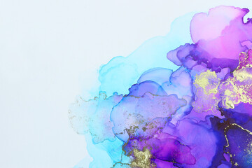 art photography of abstract fluid art painting with alcohol ink, blue, purple and gold colors
